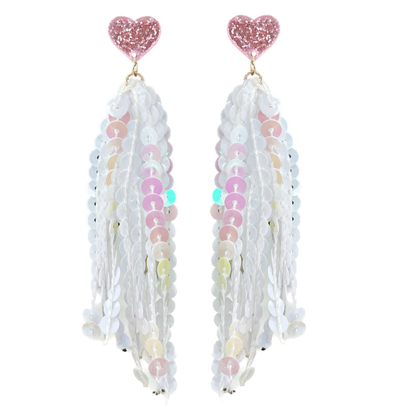 Wholesale 2pcs Valentine's Day Glitter Pink Atmosphere Love Shiny Tassel Temperament Color Matching Fashion Earrings
